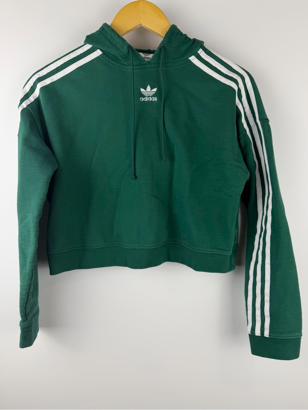 Adidas Originals Green Cropped Hoodie 3 Stripe Trefoil Logo Sz XS 100% Cotton